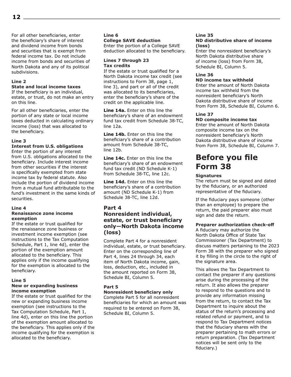 Instructions for Form 38, SFN28707 Fiduciary Income Tax Return - North Dakota, Page 14