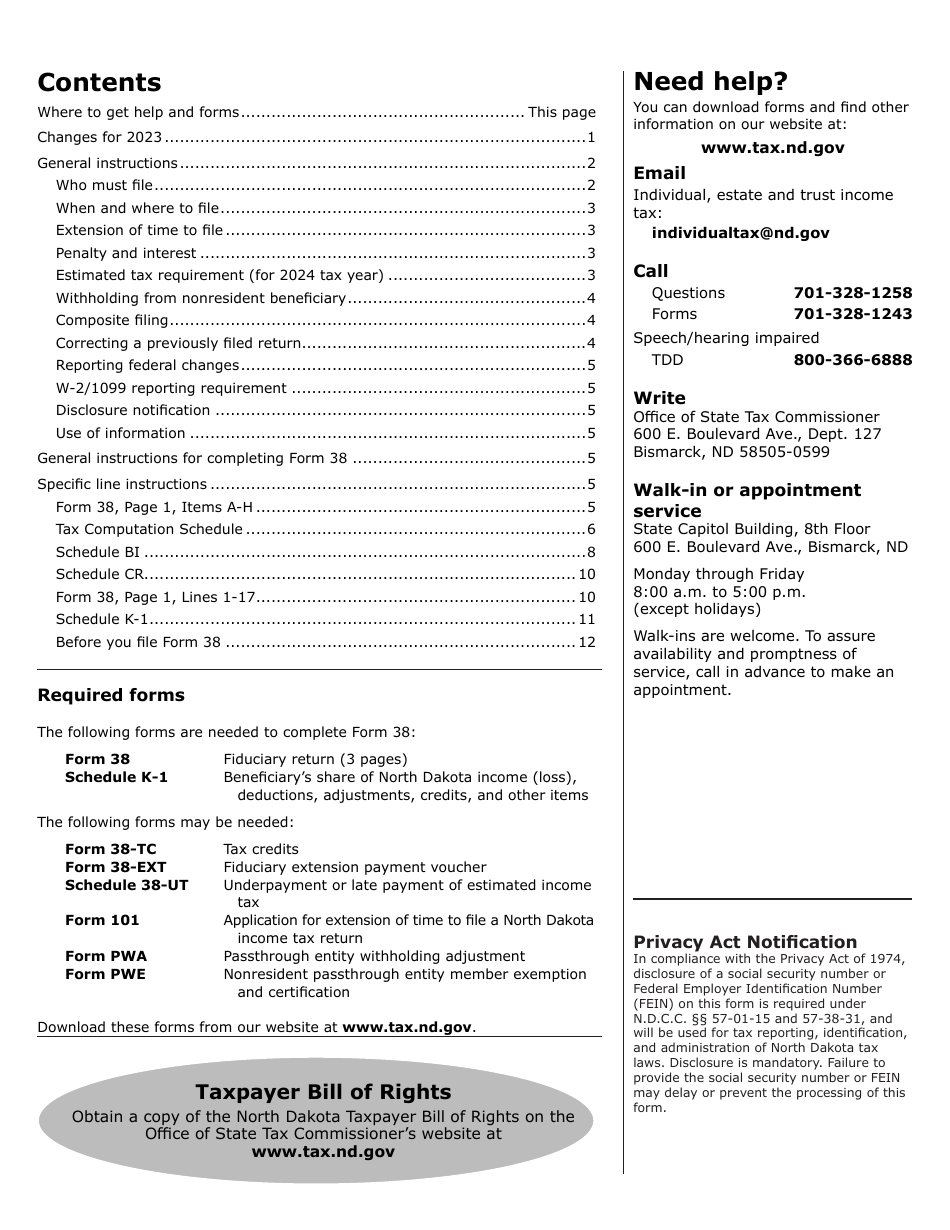 Instructions for Form 38, SFN28707 Fiduciary Income Tax Return - North Dakota, Page 2