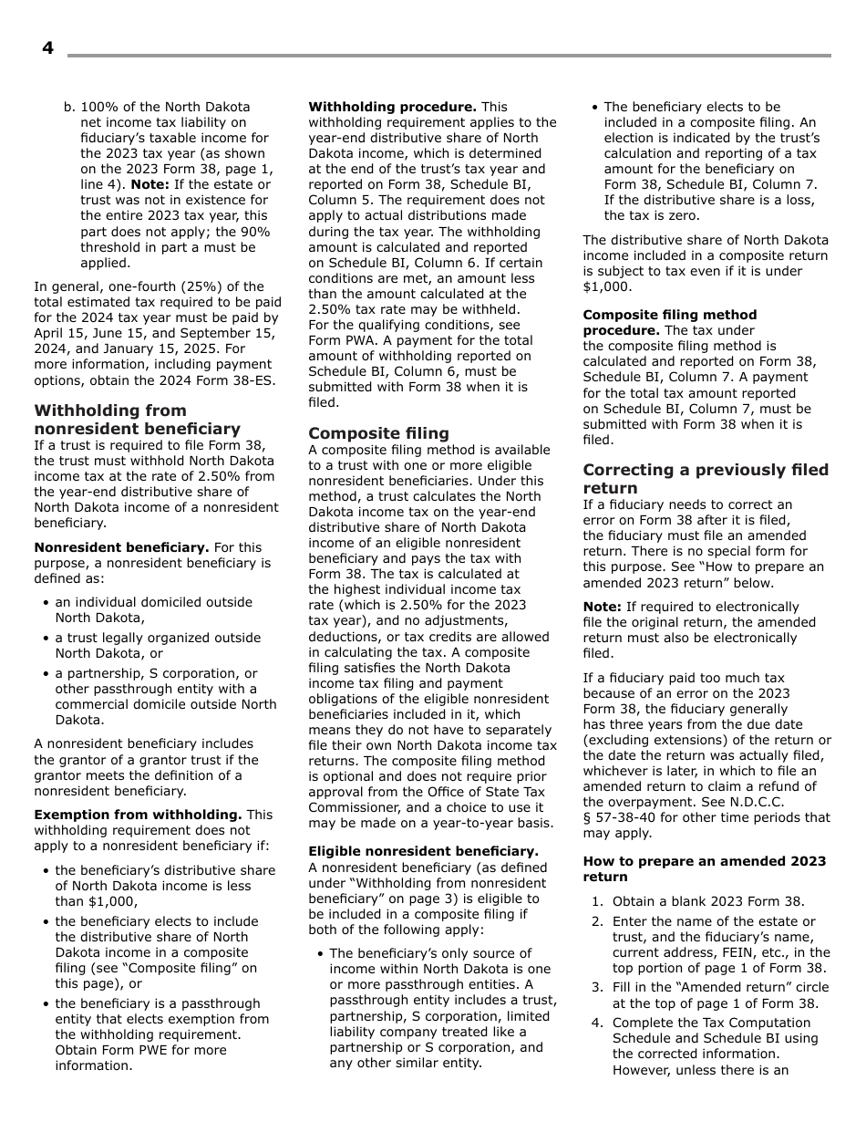 Instructions for Form 38, SFN28707 Fiduciary Income Tax Return - North Dakota, Page 6