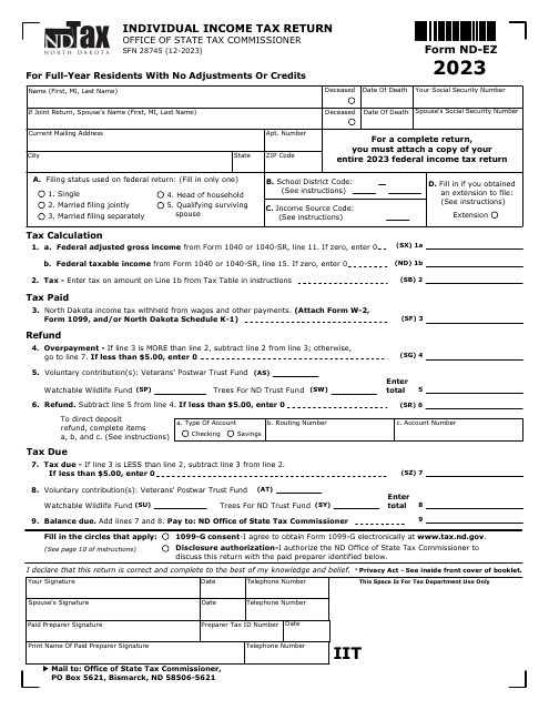 Form ND-EZ (SFN28745) Individual Income Tax Return - North Dakota, 2023