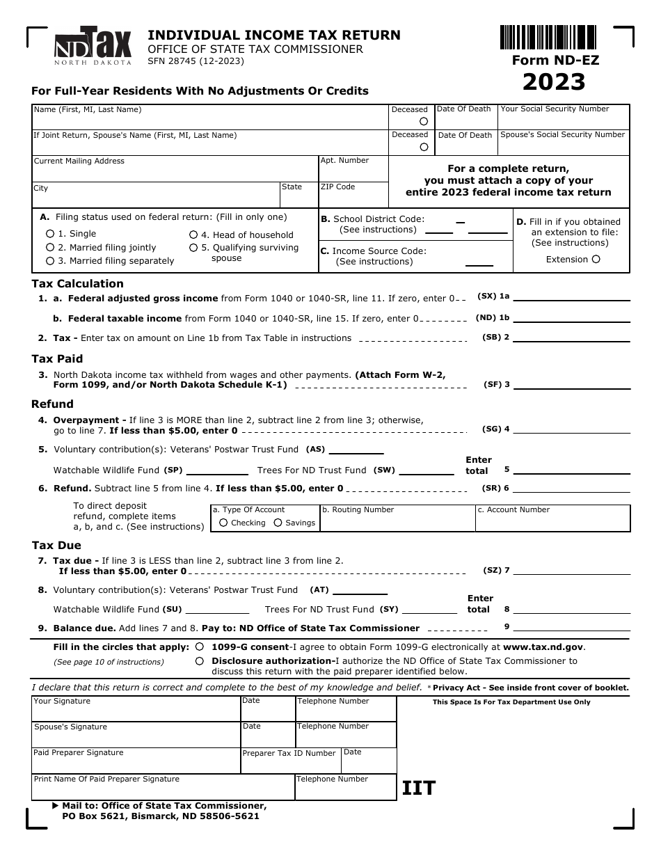 Form ND-EZ (SFN28745) Individual Income Tax Return - North Dakota, Page 1
