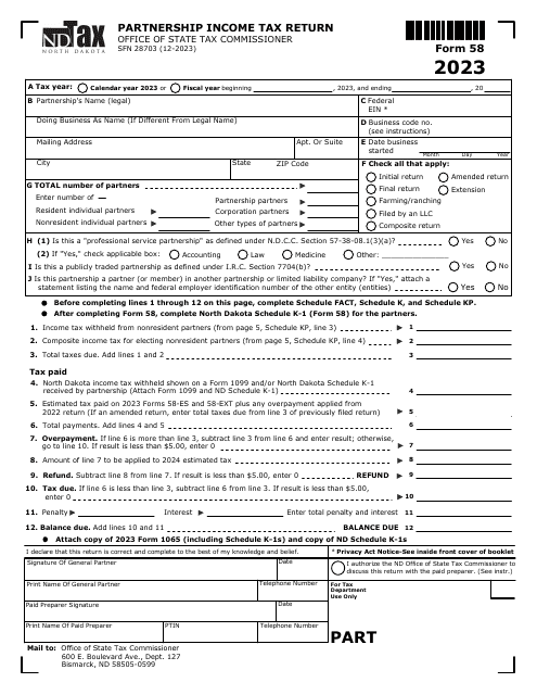 Form 58 (SFN28703) Partnership Income Tax Return - North Dakota, 2023