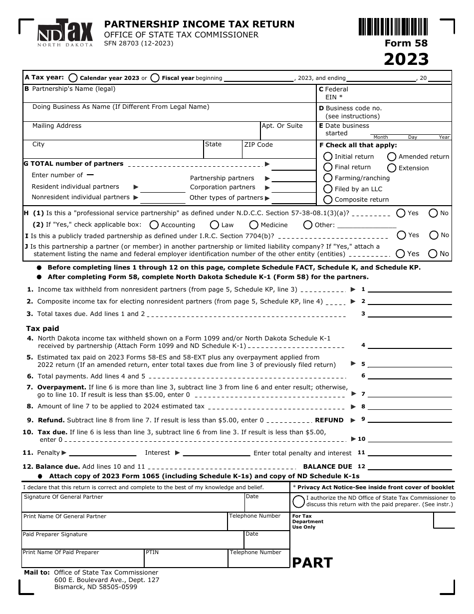 Form 58 (SFN28703) Partnership Income Tax Return - North Dakota, Page 1