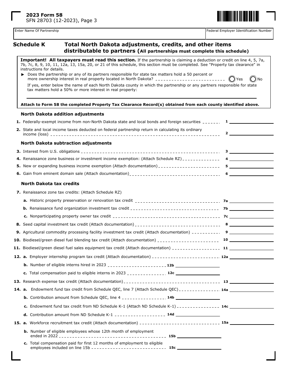 Form 58 (SFN28703) Partnership Income Tax Return - North Dakota, Page 3