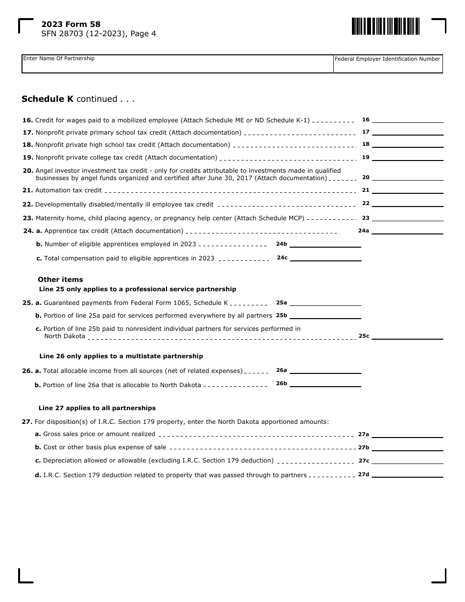 Form 58 (SFN28703) Partnership Income Tax Return - North Dakota, Page 4