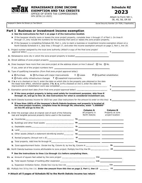 Form SFN28706 Schedule RZ Renaissance Zone Income Exemption and Tax Credits - North Dakota, 2023