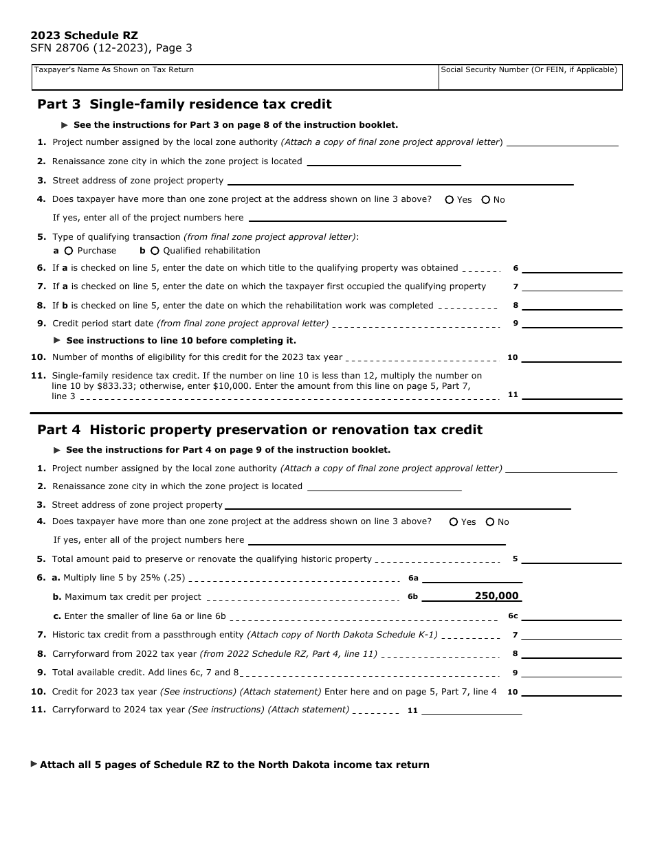 Form SFN28706 Schedule RZ Renaissance Zone Income Exemption and Tax Credits - North Dakota, Page 3