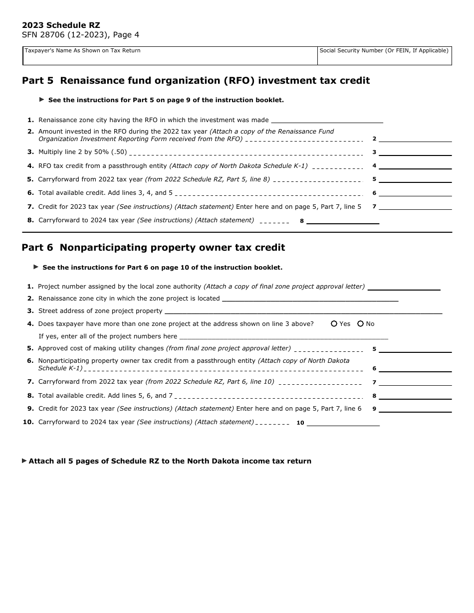 Form SFN28706 Schedule RZ Renaissance Zone Income Exemption and Tax Credits - North Dakota, Page 4