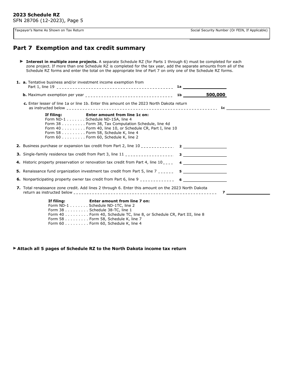 Form SFN28706 Schedule RZ Renaissance Zone Income Exemption and Tax Credits - North Dakota, Page 5