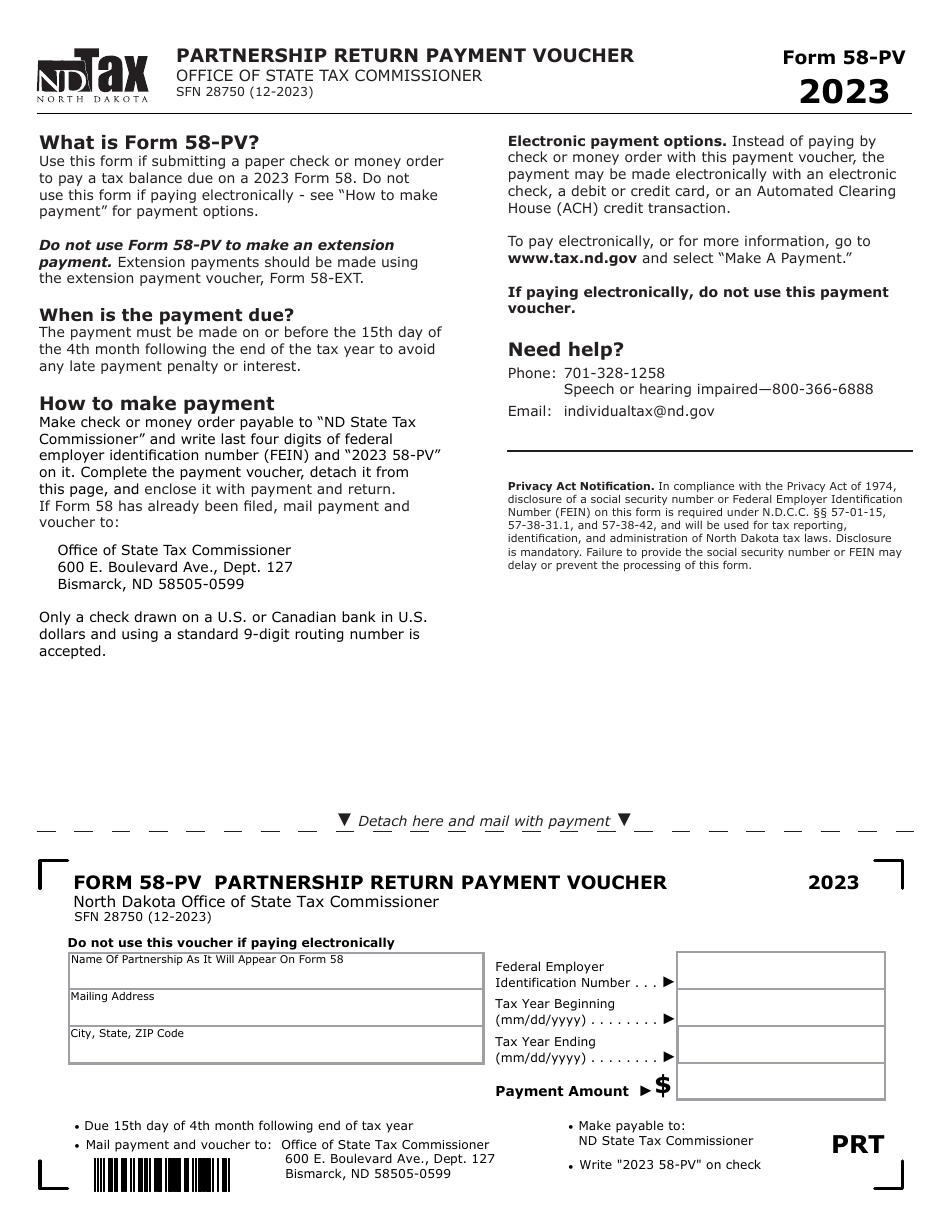 Form 58-PV (SFN28750) Partnership Return Payment Voucher - North Dakota, Page 1