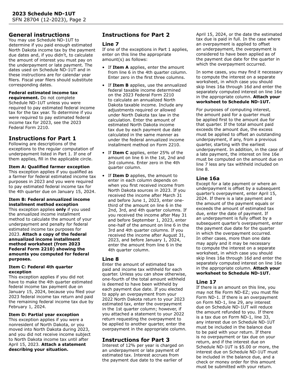 Form SFN28704 Schedule ND-1UT Underpayment or Late Payment of Estimated Income Tax for Individuals - North Dakota, Page 2
