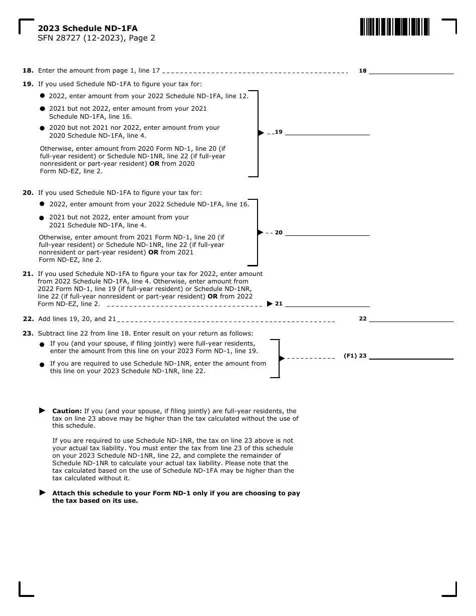 Form SFN28727 Schedule ND-1FA Tax Under 3-year Averaging Method for Elected Farm Income - North Dakota, Page 2