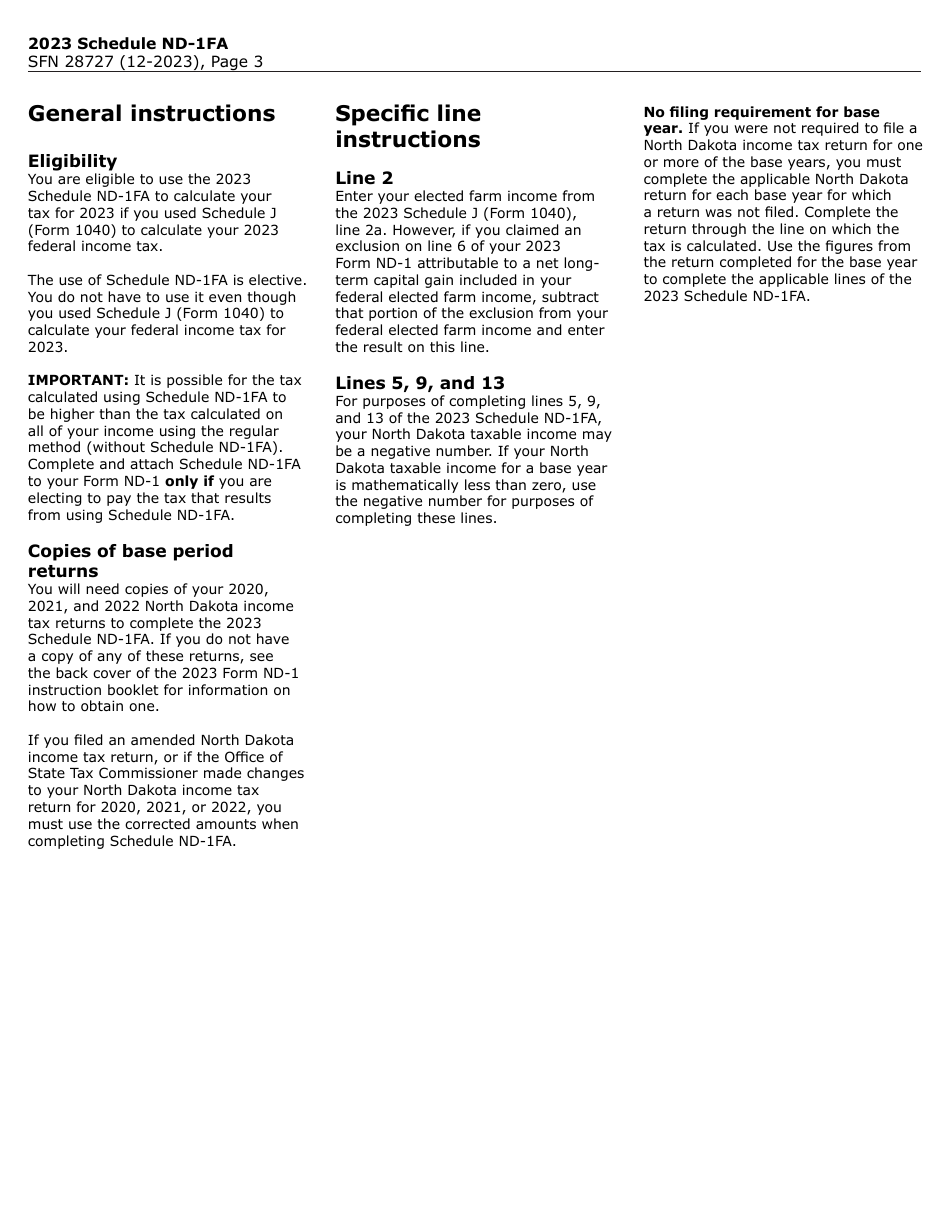 Form SFN28727 Schedule ND-1FA Tax Under 3-year Averaging Method for Elected Farm Income - North Dakota, Page 3