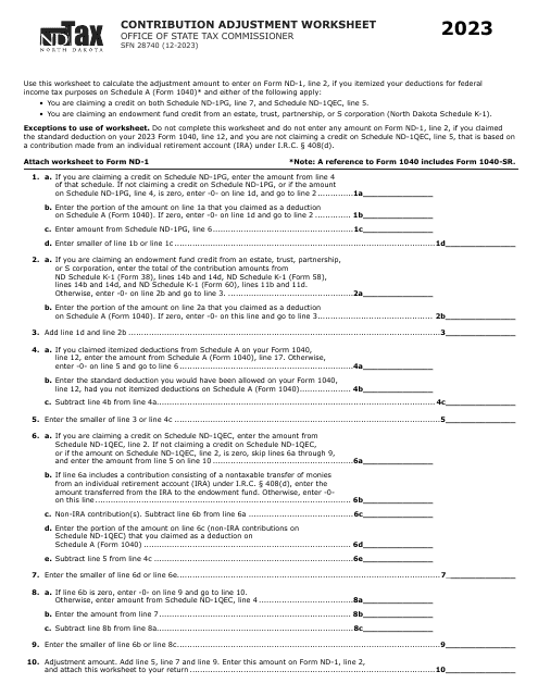 Form SFN28740 Contribution Adjustment Worksheet - North Dakota, 2023