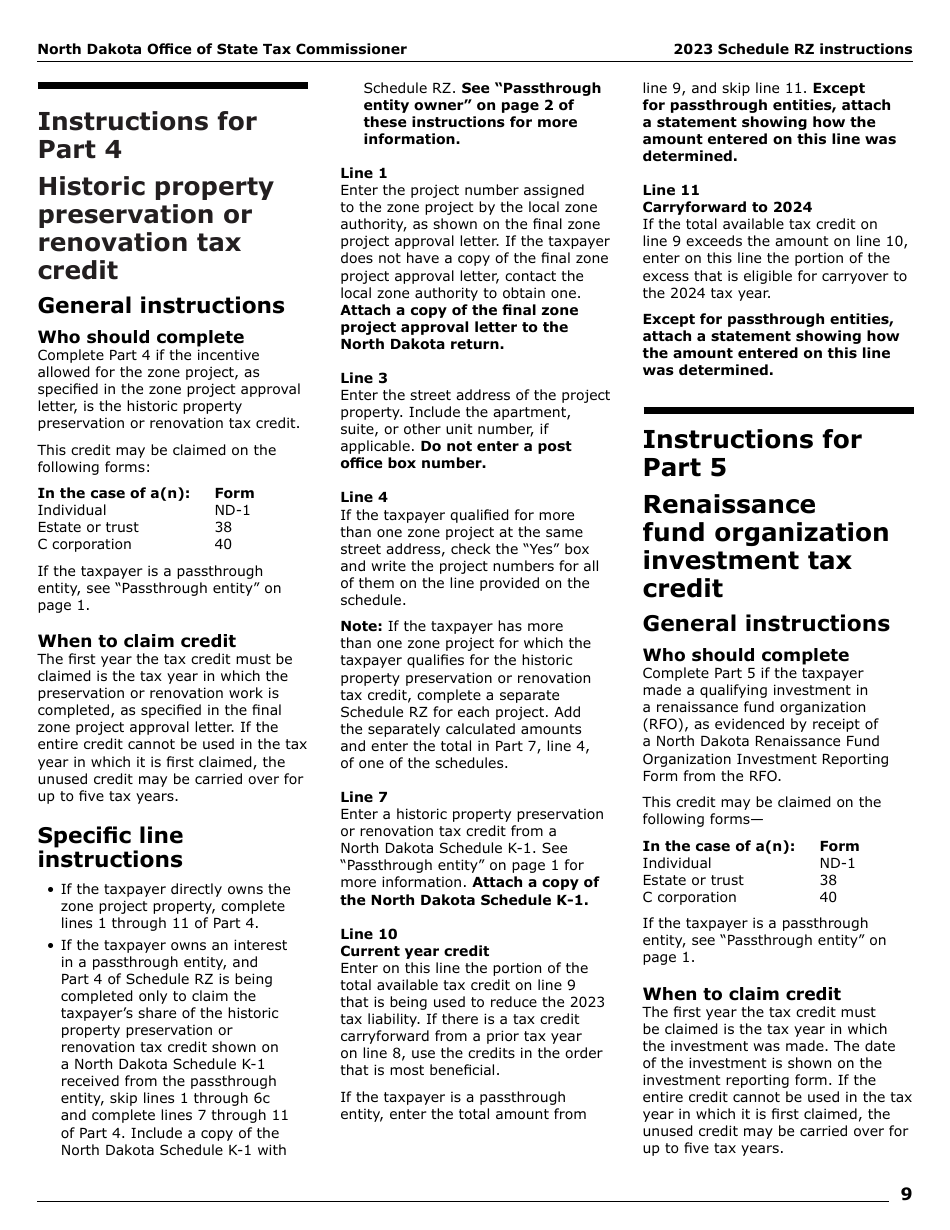 Instructions for Form SFN28706 Schedule RZ Renaissance Zone Income Exemption and Tax Credits - North Dakota, Page 11