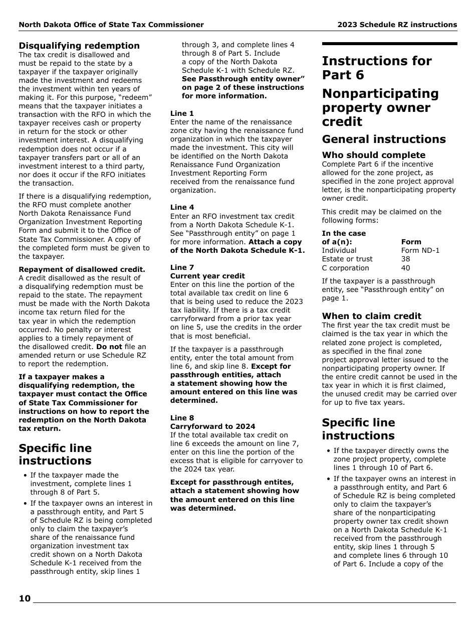Instructions for Form SFN28706 Schedule RZ Renaissance Zone Income Exemption and Tax Credits - North Dakota, Page 12