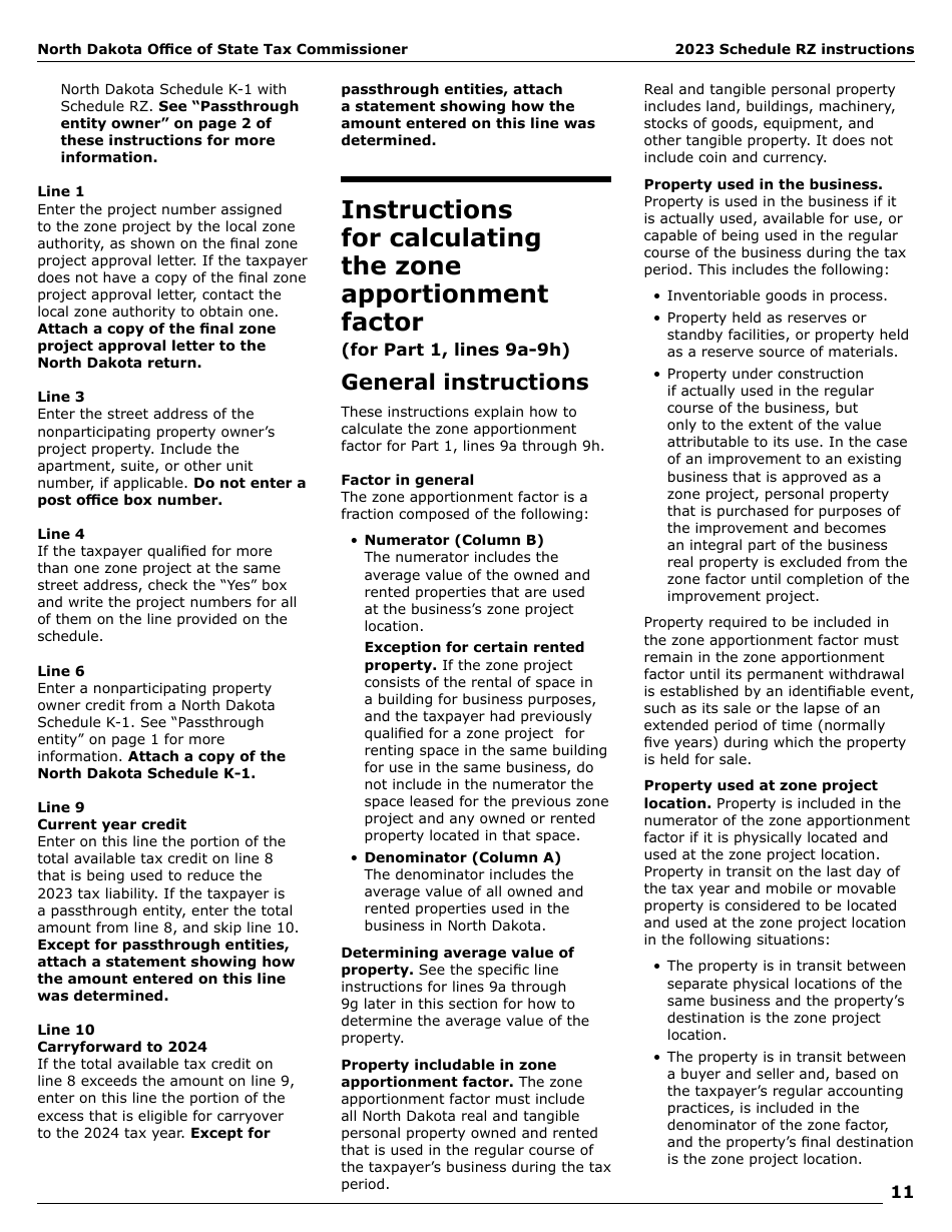 Instructions for Form SFN28706 Schedule RZ Renaissance Zone Income Exemption and Tax Credits - North Dakota, Page 13