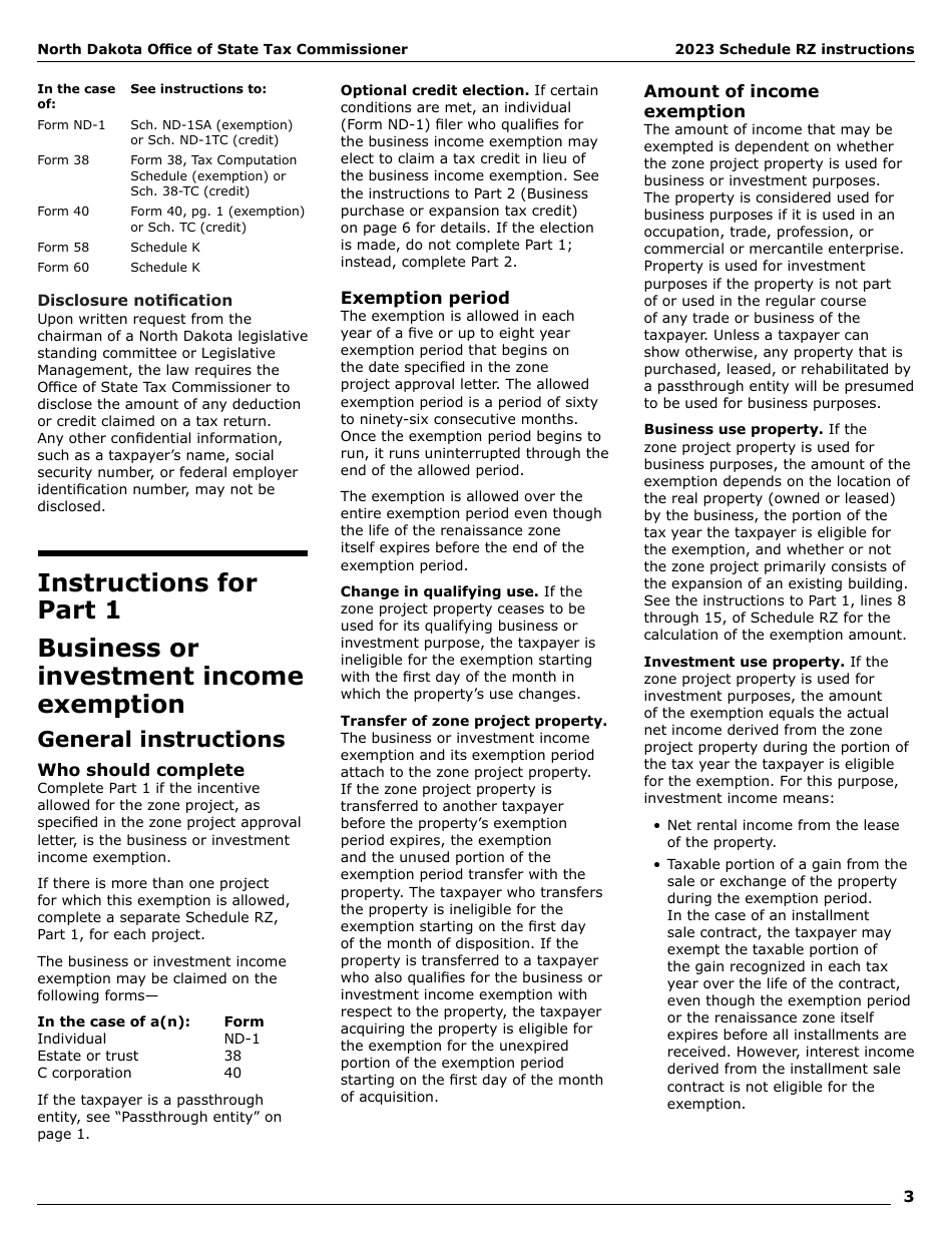 Instructions for Form SFN28706 Schedule RZ Renaissance Zone Income Exemption and Tax Credits - North Dakota, Page 5
