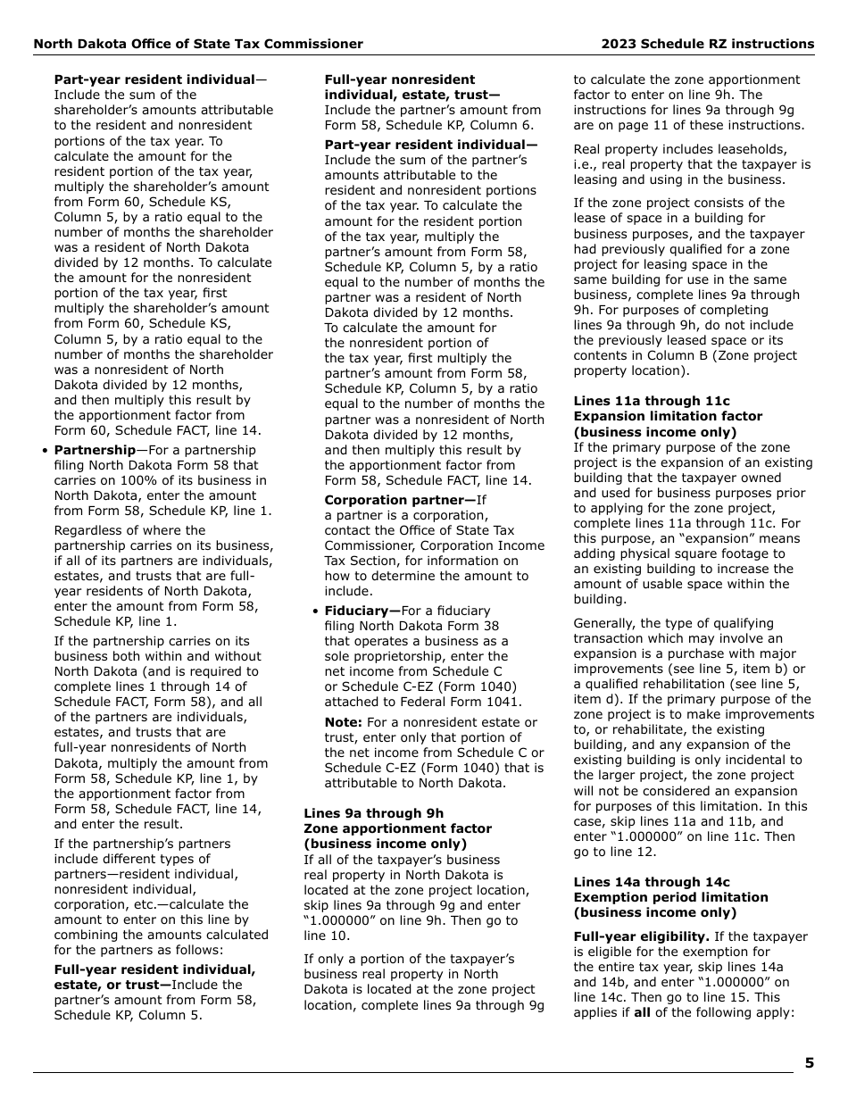 Instructions for Form SFN28706 Schedule RZ Renaissance Zone Income Exemption and Tax Credits - North Dakota, Page 7