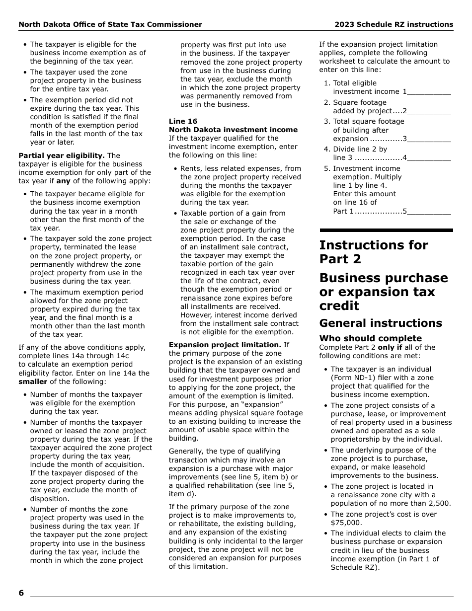 Instructions for Form SFN28706 Schedule RZ Renaissance Zone Income Exemption and Tax Credits - North Dakota, Page 8