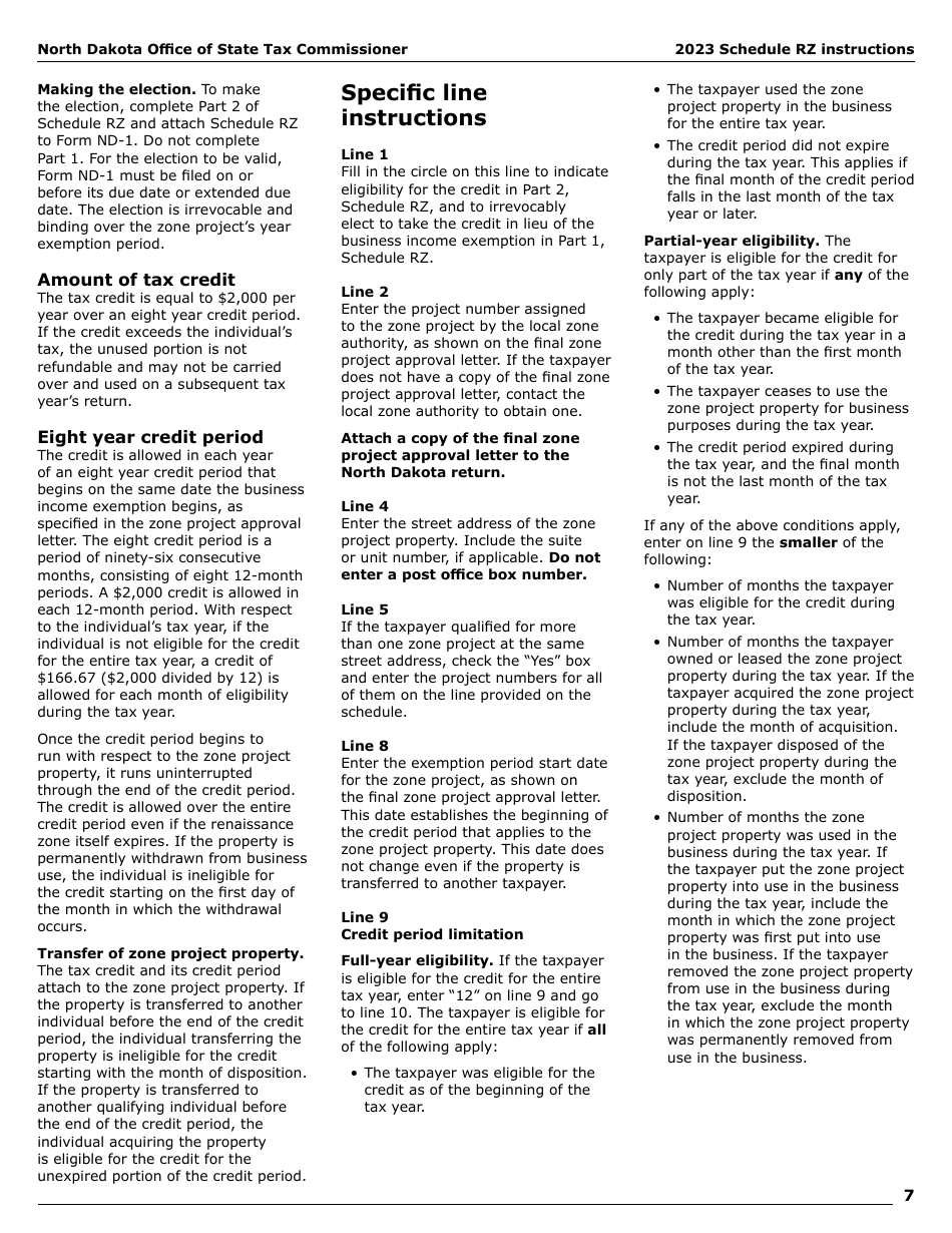 Instructions for Form SFN28706 Schedule RZ Renaissance Zone Income Exemption and Tax Credits - North Dakota, Page 9