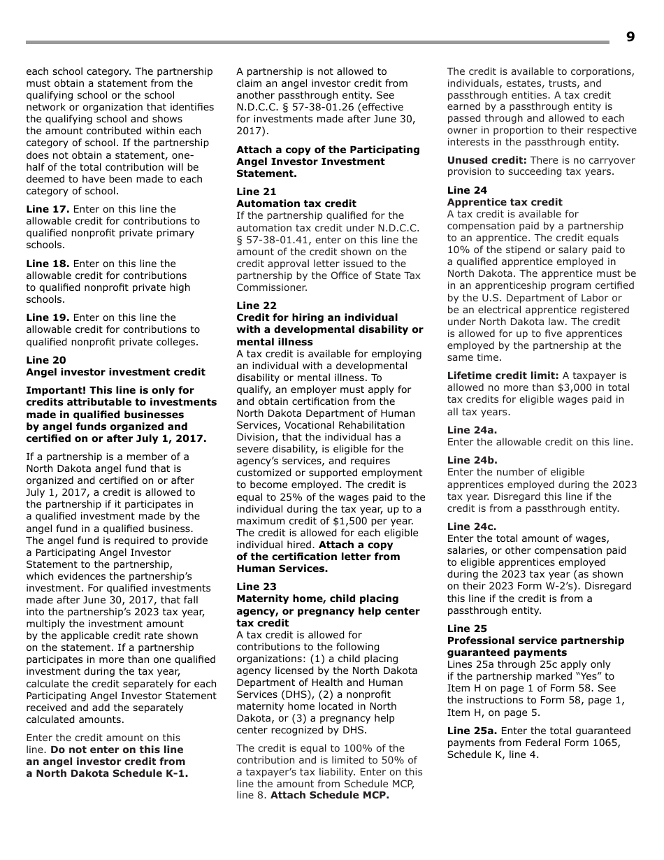 Instructions for Form 58, SFN28703 Partnership Income Tax Return - North Dakota, Page 11