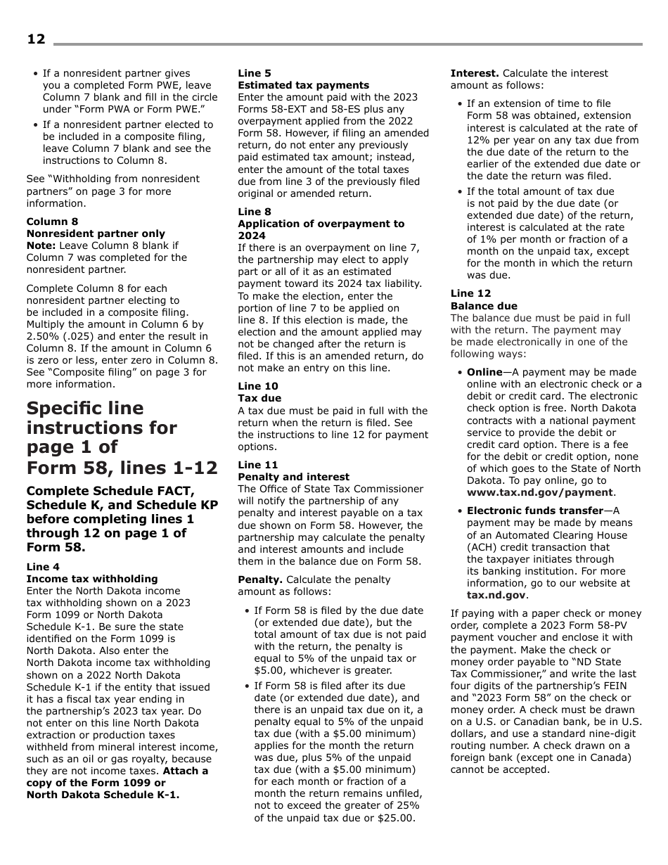 Instructions for Form 58, SFN28703 Partnership Income Tax Return - North Dakota, Page 14