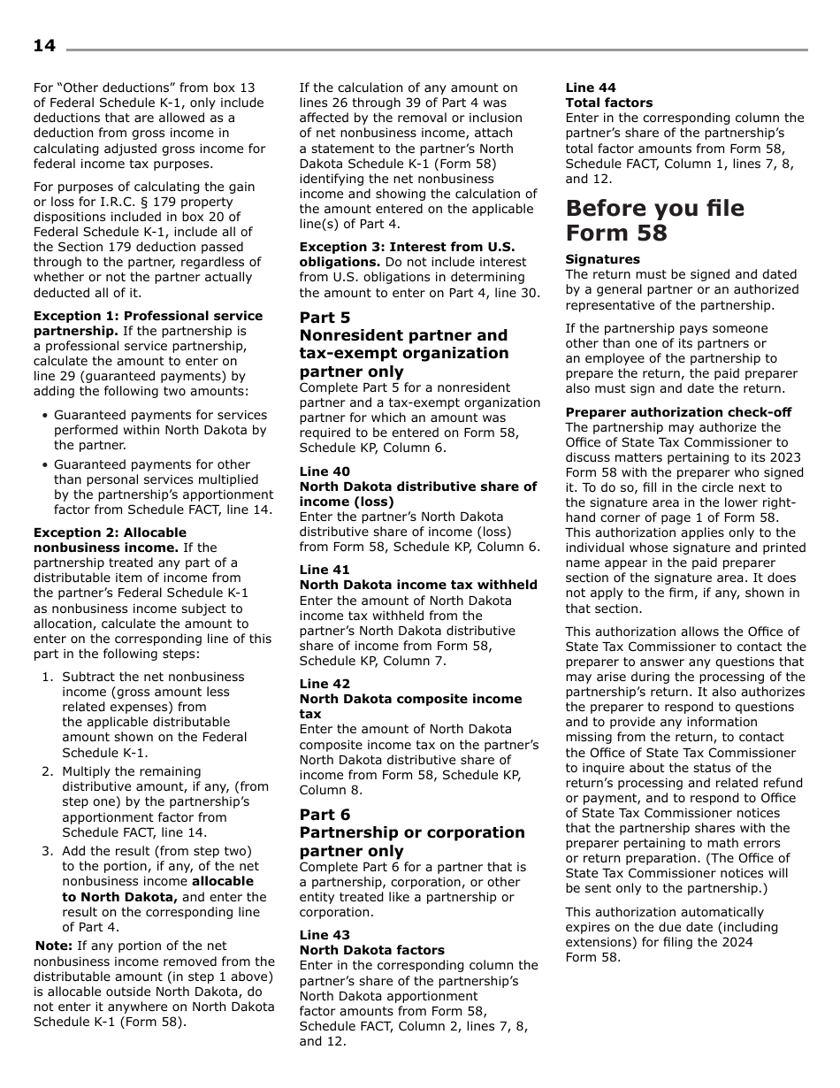 Instructions for Form 58, SFN28703 Partnership Income Tax Return - North Dakota, Page 16