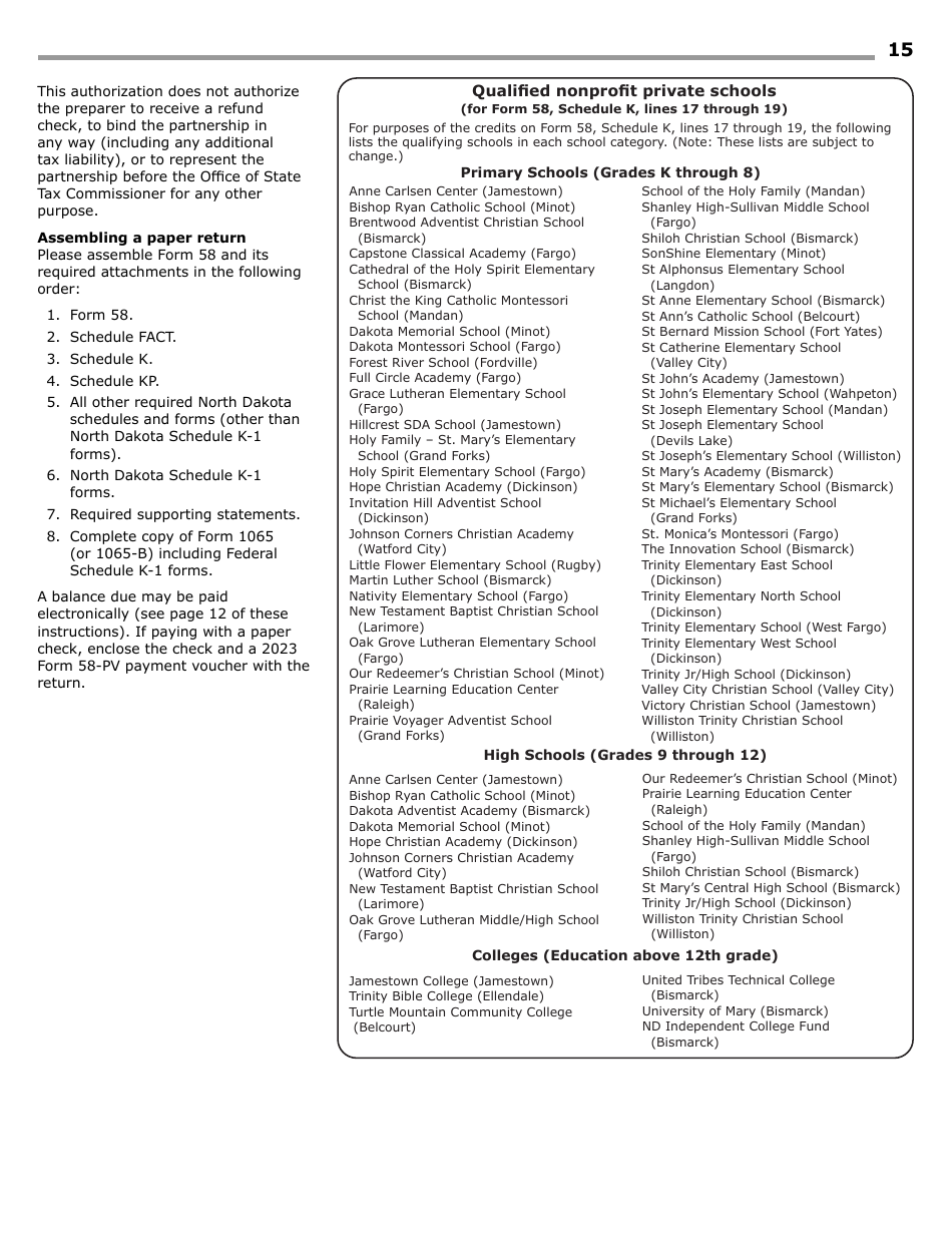 Instructions for Form 58, SFN28703 Partnership Income Tax Return - North Dakota, Page 17