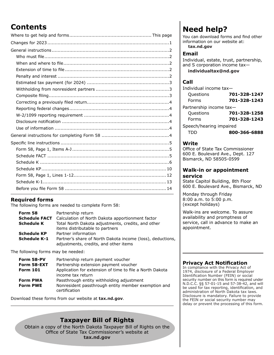 Instructions for Form 58, SFN28703 Partnership Income Tax Return - North Dakota, Page 2