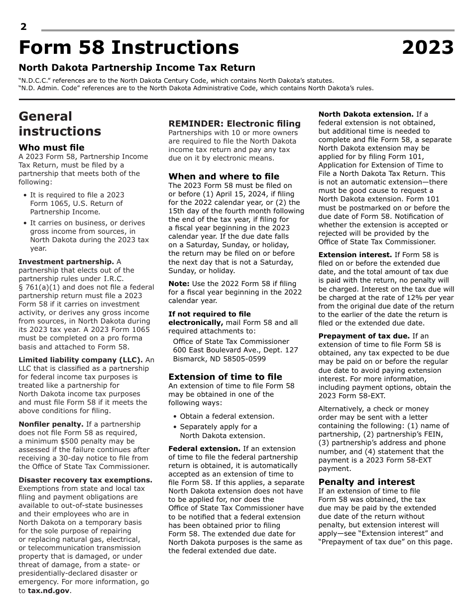 Instructions for Form 58, SFN28703 Partnership Income Tax Return - North Dakota, Page 4