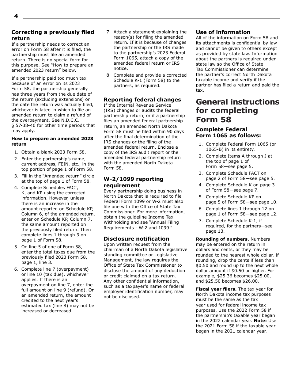 Instructions for Form 58, SFN28703 Partnership Income Tax Return - North Dakota, Page 6