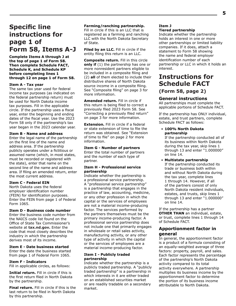 Instructions for Form 58, SFN28703 Partnership Income Tax Return - North Dakota, Page 7