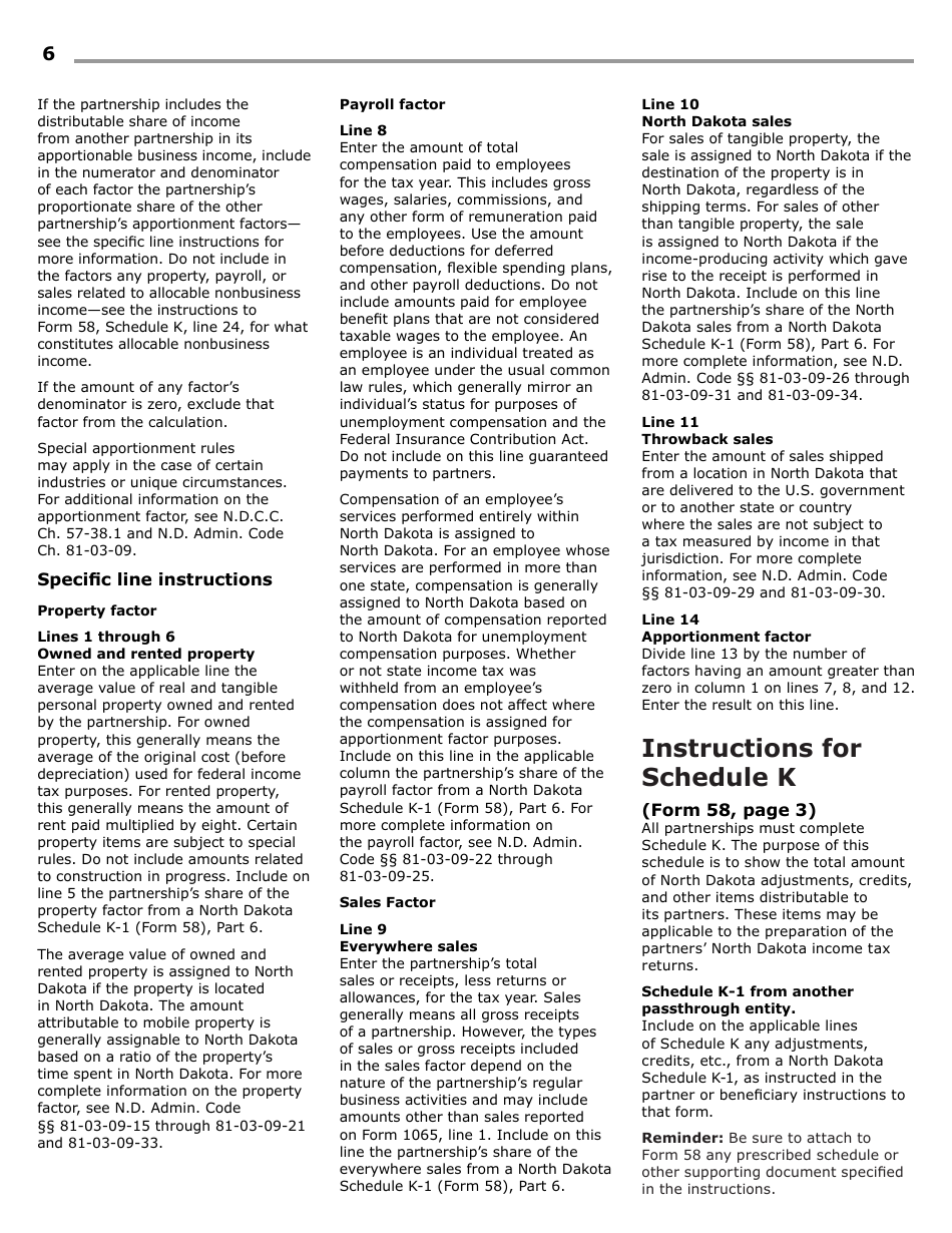 Instructions for Form 58, SFN28703 Partnership Income Tax Return - North Dakota, Page 8