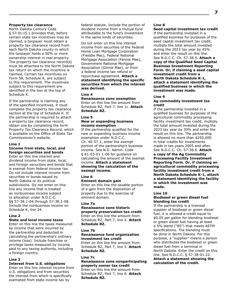 Instructions for Form 58, SFN28703 Partnership Income Tax Return - North Dakota, Page 9