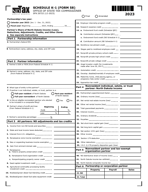 Form 58 (SFN28722) Schedule K-1 2023 Printable Pdf