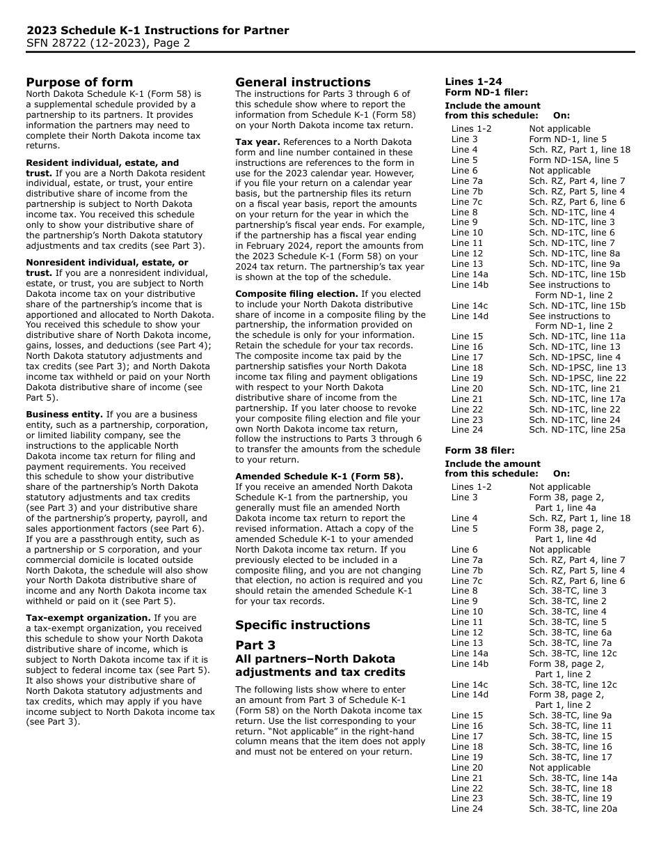 Form 58 (SFN28722) Schedule K-1 Partners Share of North Dakota Income (Loss), Deductions, Adjustments, Credits, and Other Items - North Dakota, Page 2