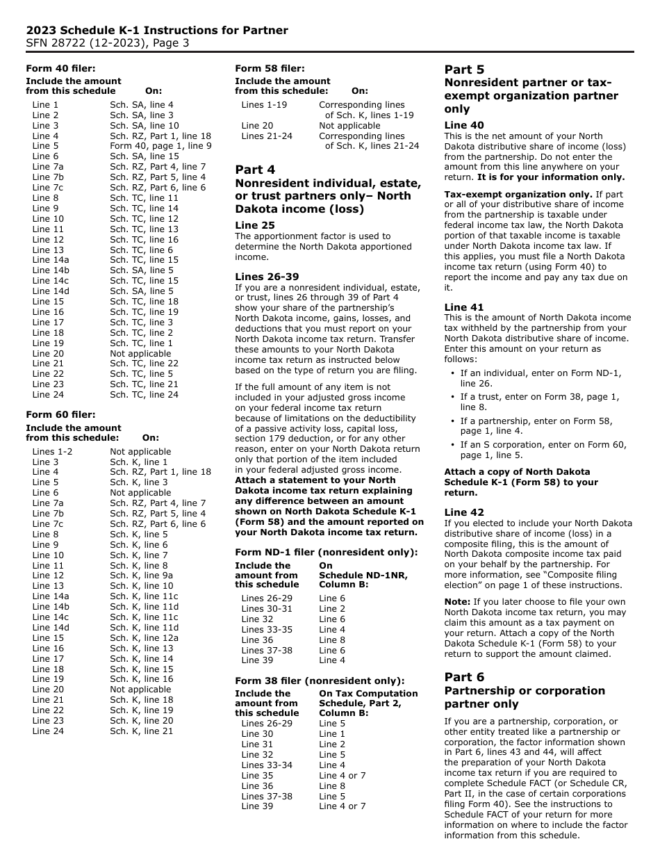 Form 58 (SFN28722) Schedule K-1 Partners Share of North Dakota Income (Loss), Deductions, Adjustments, Credits, and Other Items - North Dakota, Page 3