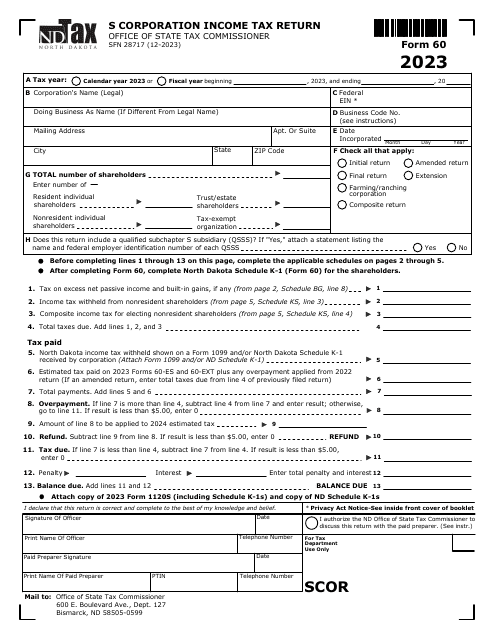 Form 60 (SFN28717) S Corporation Income Tax Return - North Dakota, 2023