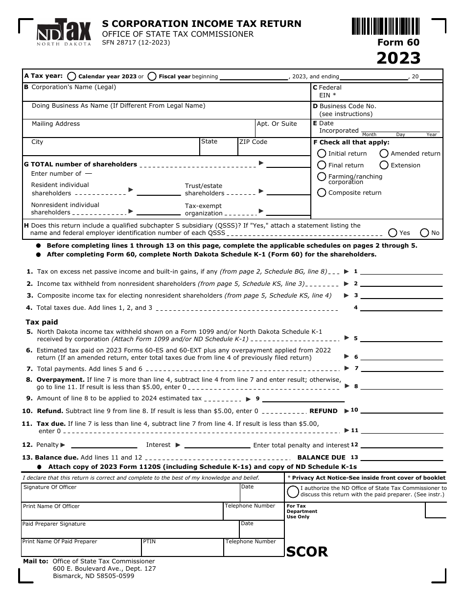 Form 60 (SFN28717) S Corporation Income Tax Return - North Dakota, Page 1