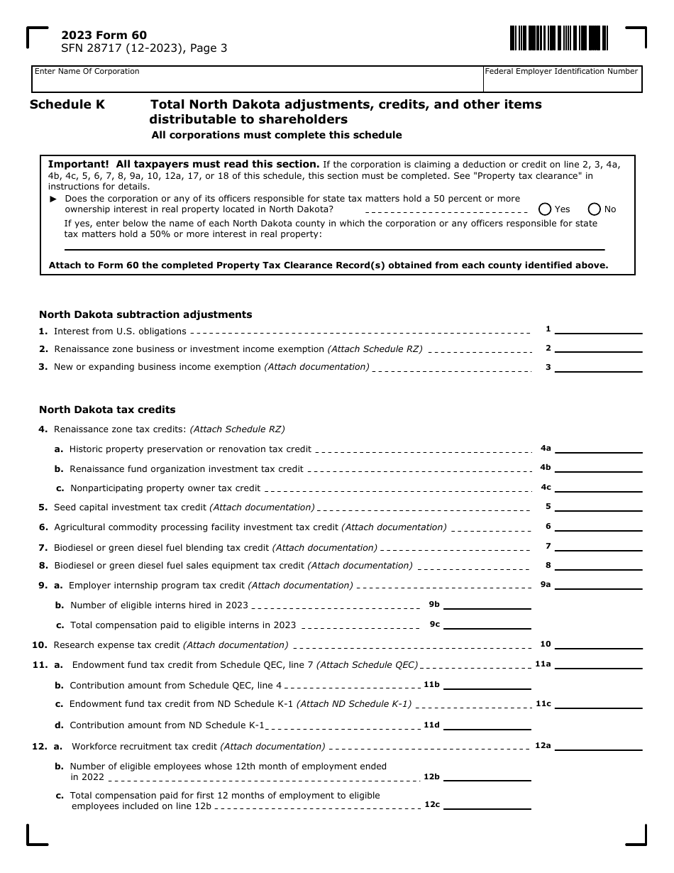 Form 60 (SFN28717) S Corporation Income Tax Return - North Dakota, Page 3