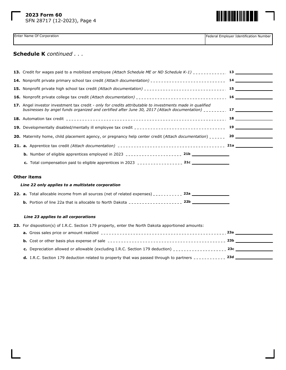 Form 60 (SFN28717) S Corporation Income Tax Return - North Dakota, Page 4