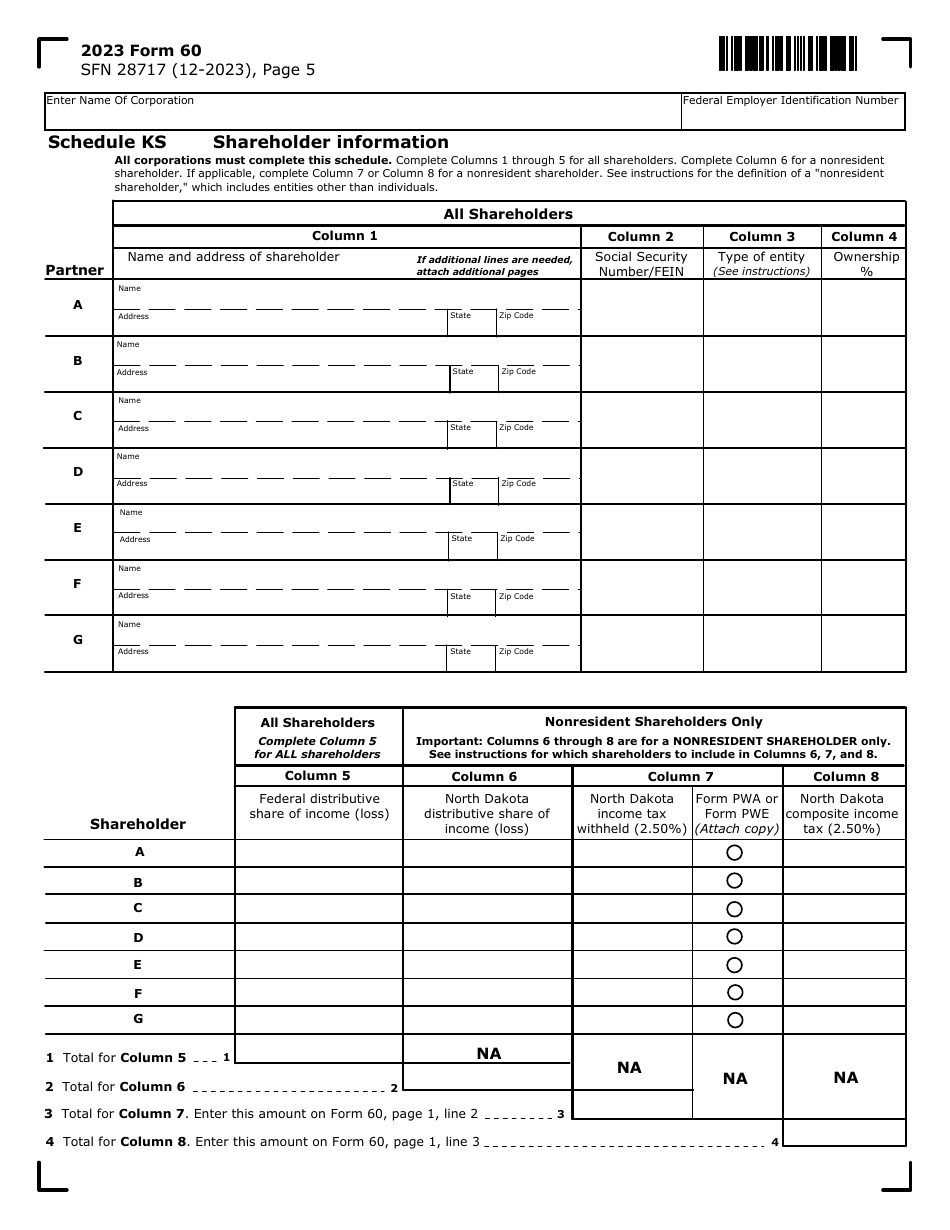 Form 60 (SFN28717) S Corporation Income Tax Return - North Dakota, Page 5