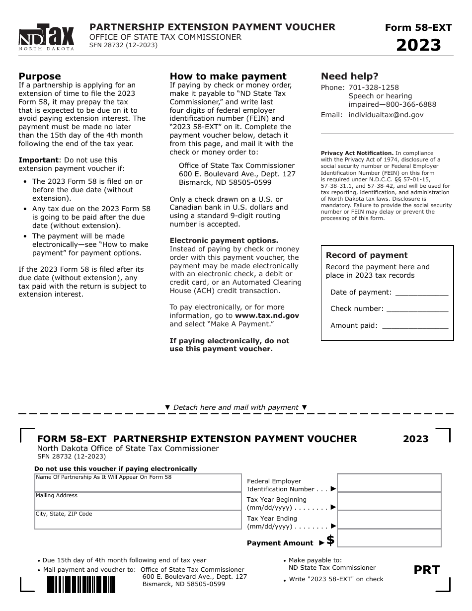 Form 58-EXT (SFN28732) Partnership Extension Payment Voucher - North Dakota, Page 1