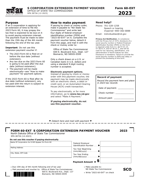 Form 60-EXT (SFN28736) S Corporation Extension Payment Voucher - North Dakota, 2023