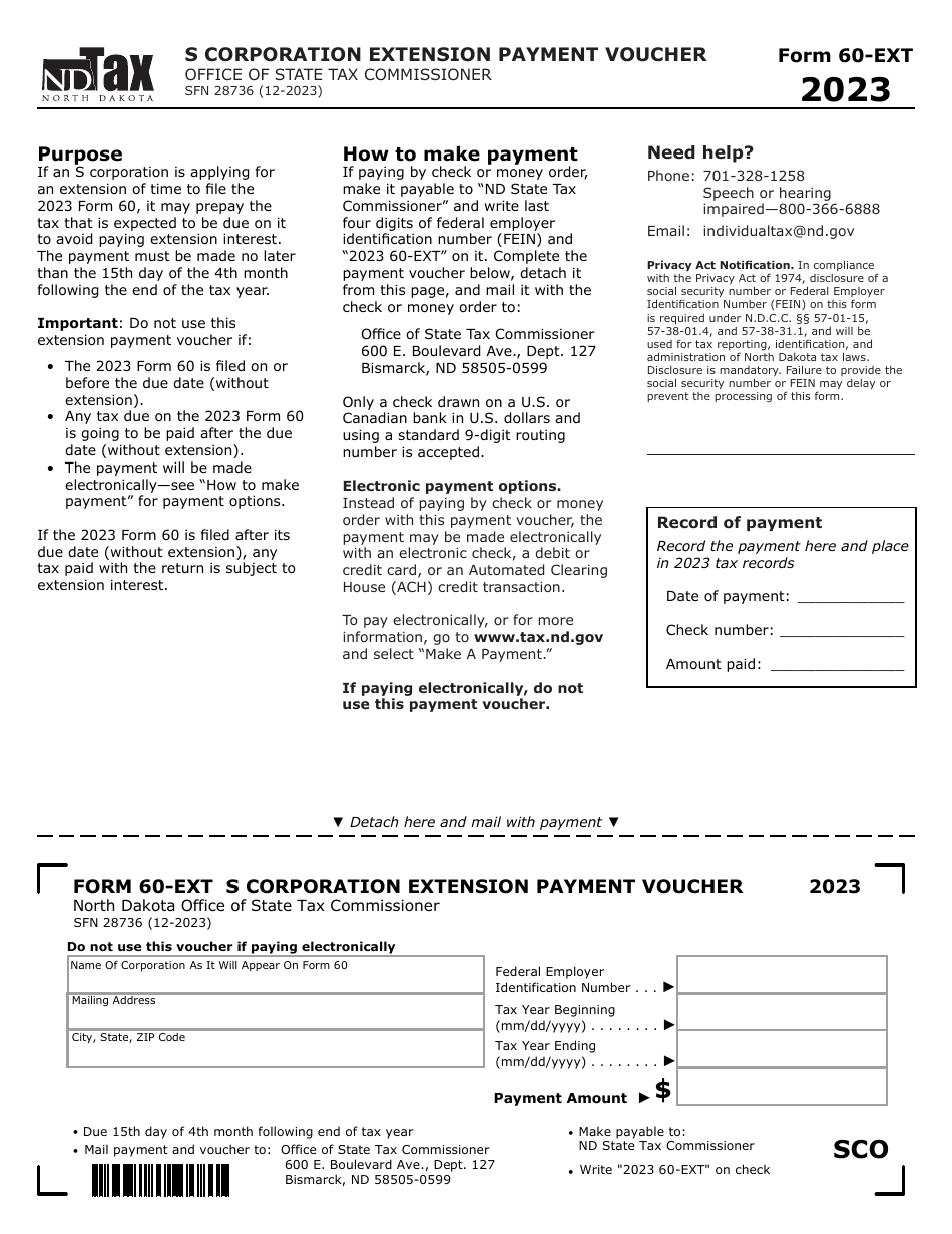 Form 60-EXT (SFN28736) S Corporation Extension Payment Voucher - North Dakota, Page 1