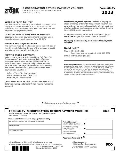 Form 60-PV (SFN28751) S Corp Income Tax Payment Voucher - North Dakota, 2023