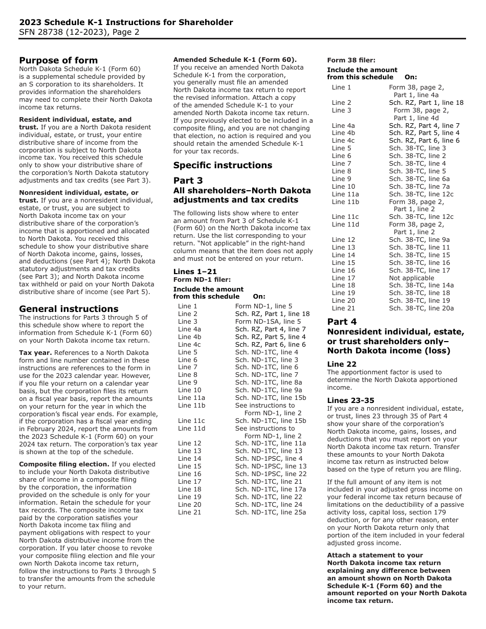 Form 60 (SFN28738) Schedule K-1 Shareholders Share of North Dakota Income (Loss), Deductions, Adjustments, Credits, and Other Items - North Dakota, Page 2