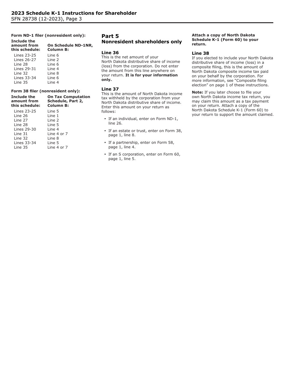 Form 60 (SFN28738) Schedule K-1 Shareholders Share of North Dakota Income (Loss), Deductions, Adjustments, Credits, and Other Items - North Dakota, Page 3