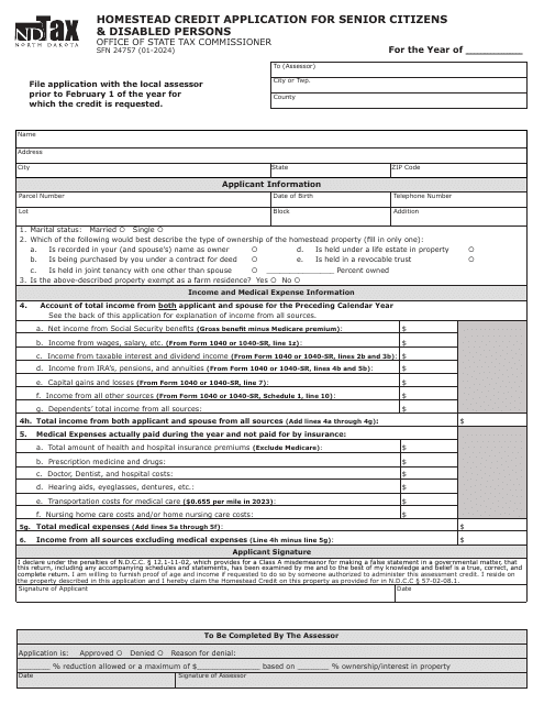 Form SFN24757 Homestead Credit Application for Senior Citizens & Disabled Persons - North Dakota